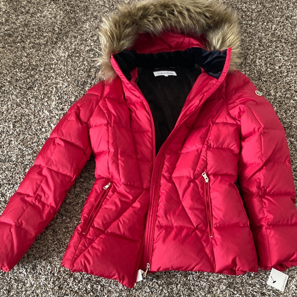 Calvin Klein Red Puffer Jacket with Faux Fur Hood